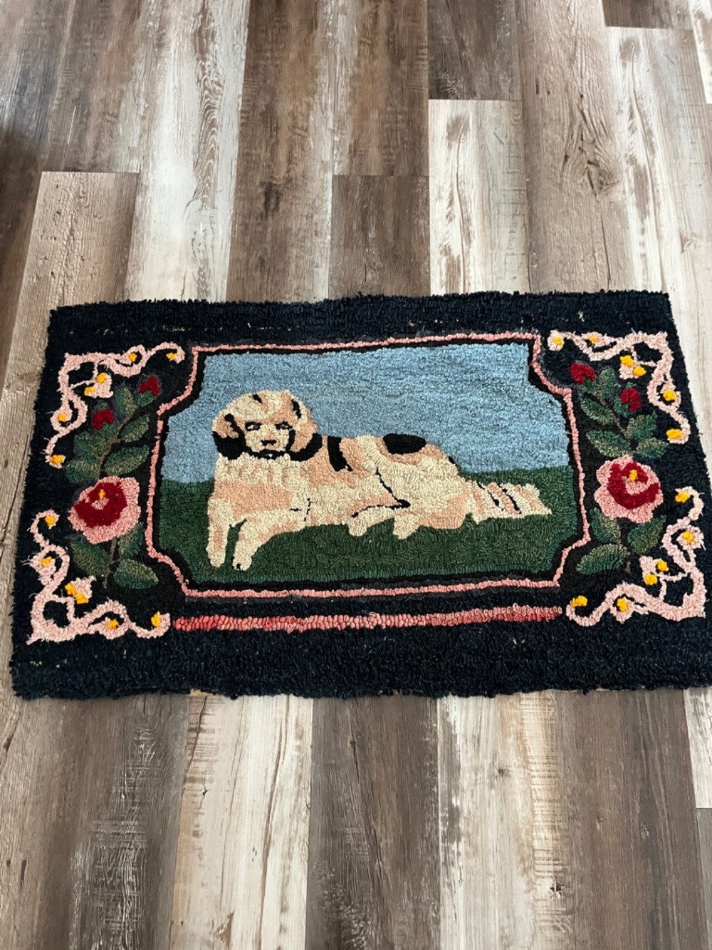 VIntage Design Accent Rug - Cream, Black, Blue. Handmade in the 40’s.